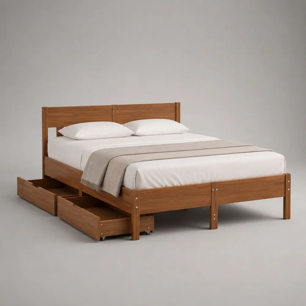 Doppelbett aus massivem Kiefernholz mit 4 Schubladen, Braun, Liegefläche 160 x 200 cm