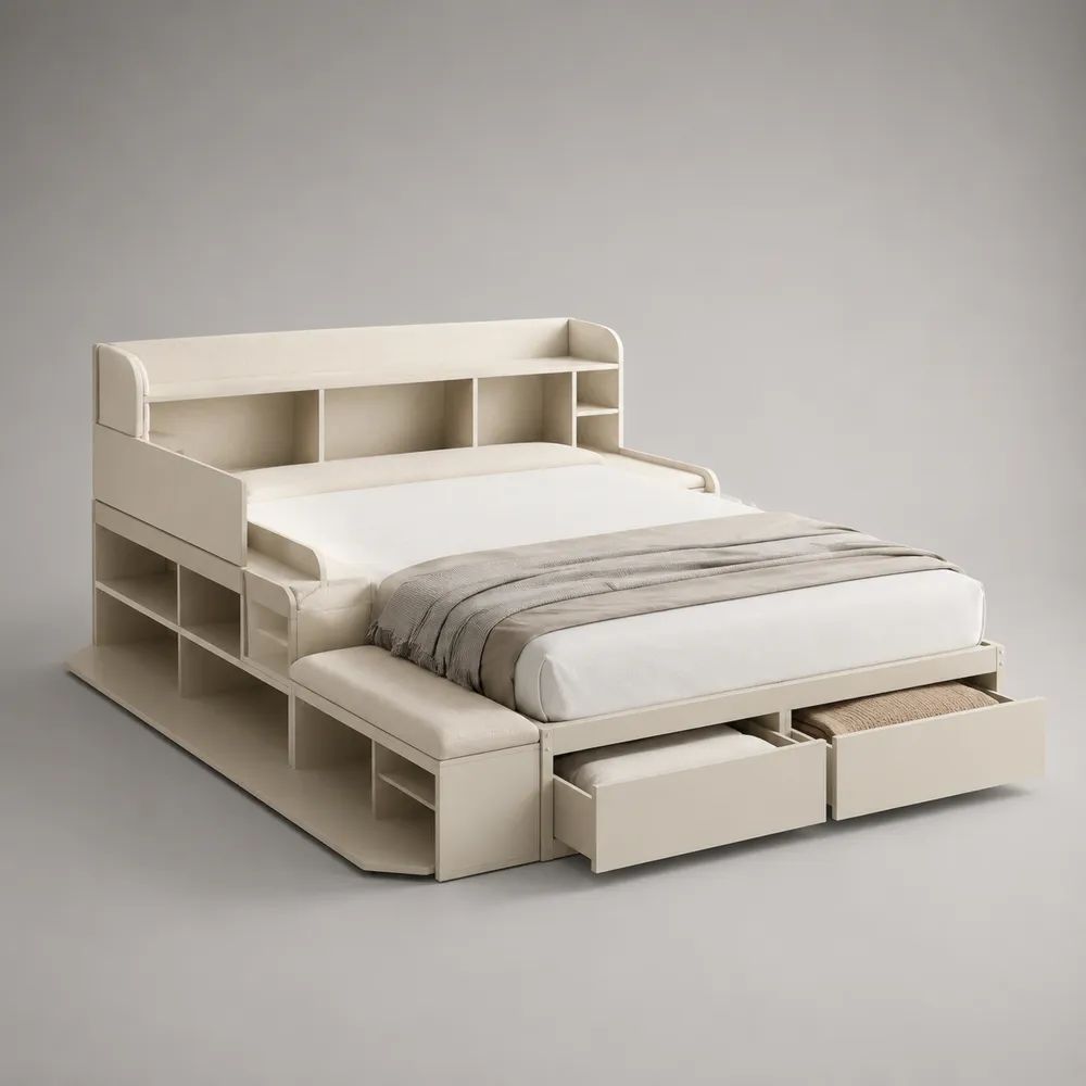 Stauraumbett aus Holz, Doppelbett 180 × 200 cm mit Schubladen, Regalen und gepolsterten Sitzbänken, Cremeweiß