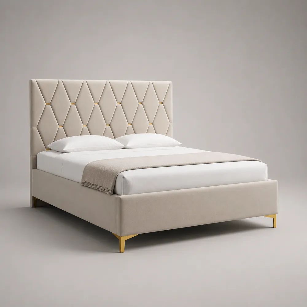 Polsterbett Doppelbett 160 x 200 cm aus Polyestersamt und Kiefernholz mit hohem Rauten-Kopfteil, Beige/Goldfarben