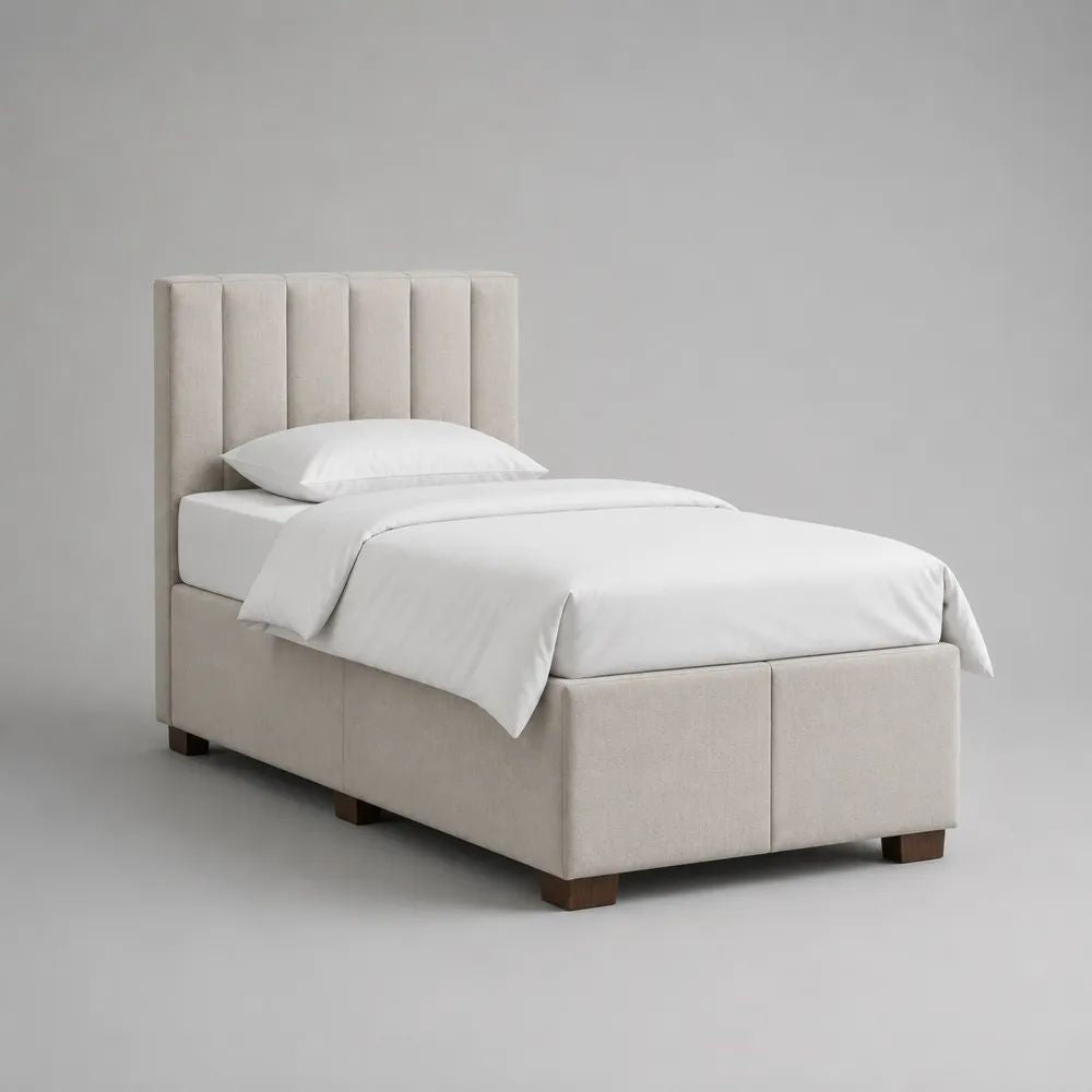 Polsterbett Einzelbett 90 x 200 cm mit Lattenrost, vertikal gepolstertem Kopfteil und Polyesterbezug, Beige