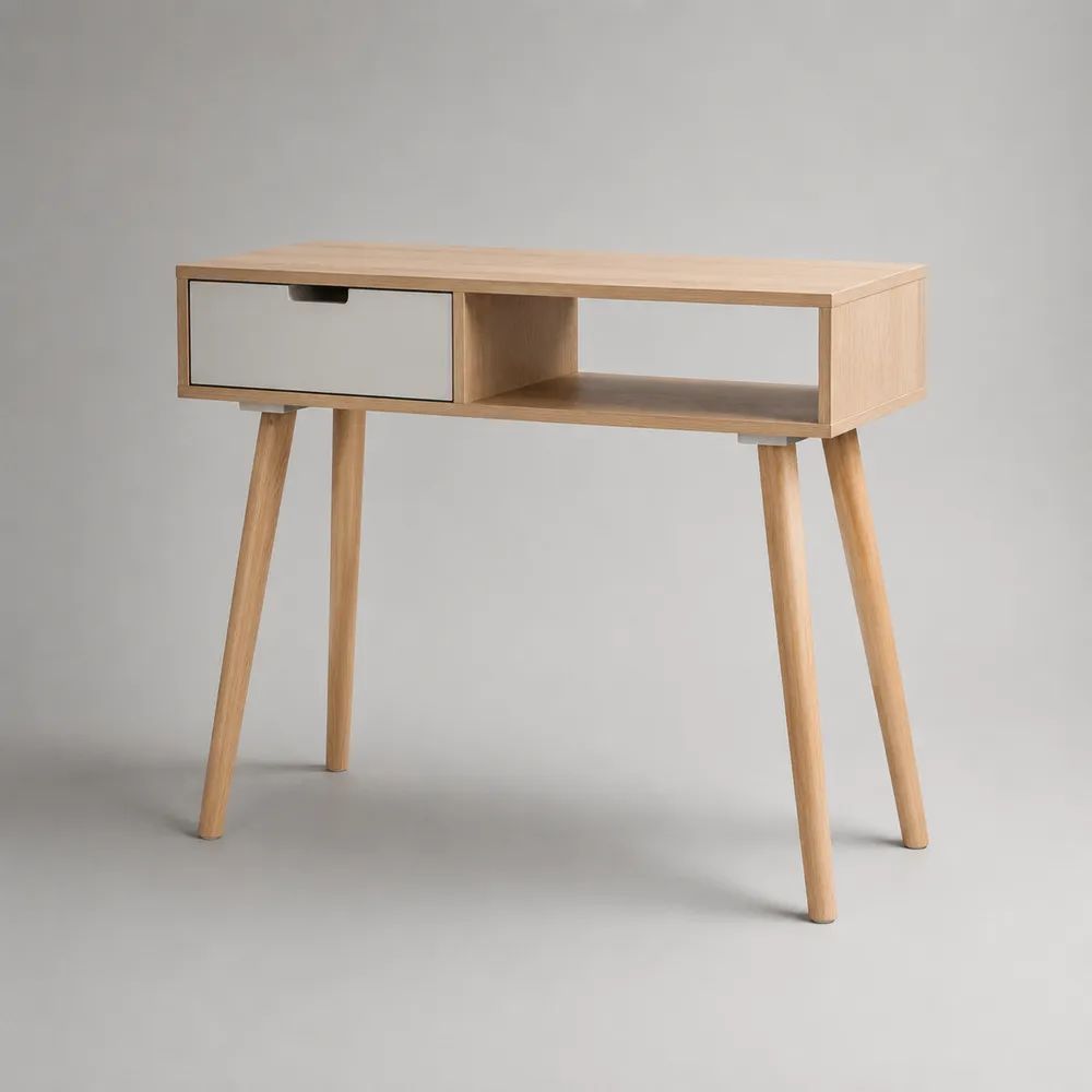 Konsolentisch aus MDF mit Eichenfurnier, Schublade und Ablagefach, Natur/Weiß, 90 × 35 × 78 cm