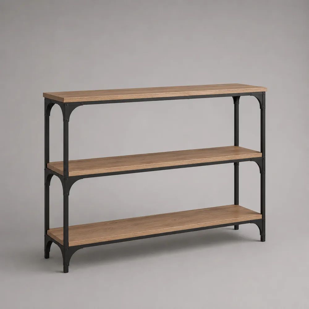 Konsolentisch mit 3 Ablagen aus Holz und Stahl, Braun/Schwarz, 120 × 30 × 90 cm