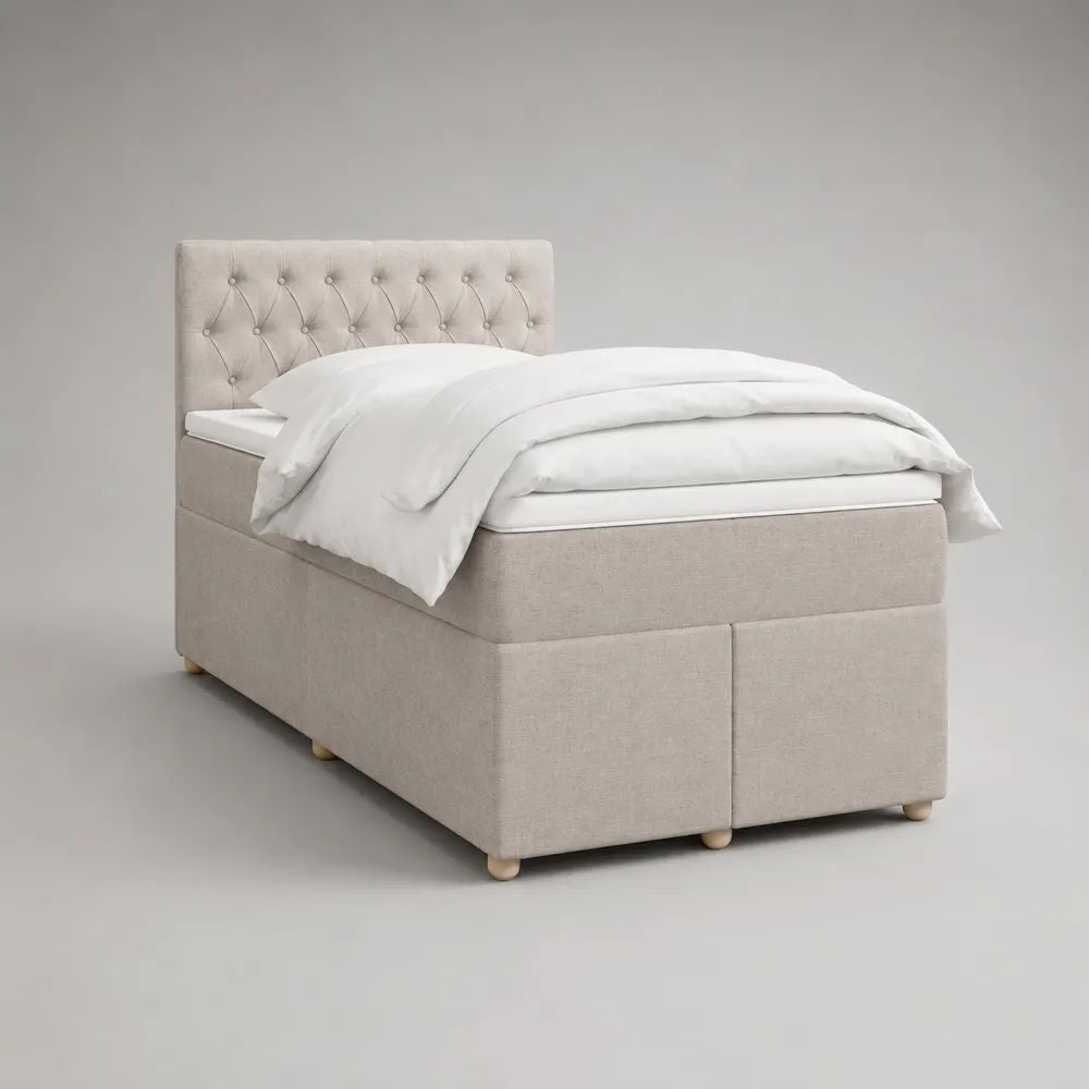 Boxspringbett 140 x 200 cm mit Matratze, Topper und gepolstertem Kopfteil, Stoff, Beige