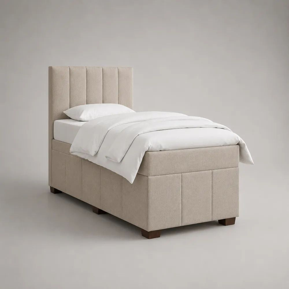 Polsterbett Einzelbett aus Polyester mit gepolstertem Kopfteil, Liegefläche 90 × 200 cm, Gesamtmaß 215 × 100 × 120 cm, Beige