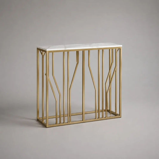 Rechteckiger Konsolentisch aus Stahl und MDF in weißer Marmoroptik und Gold, 100 × 30 × 80 cm