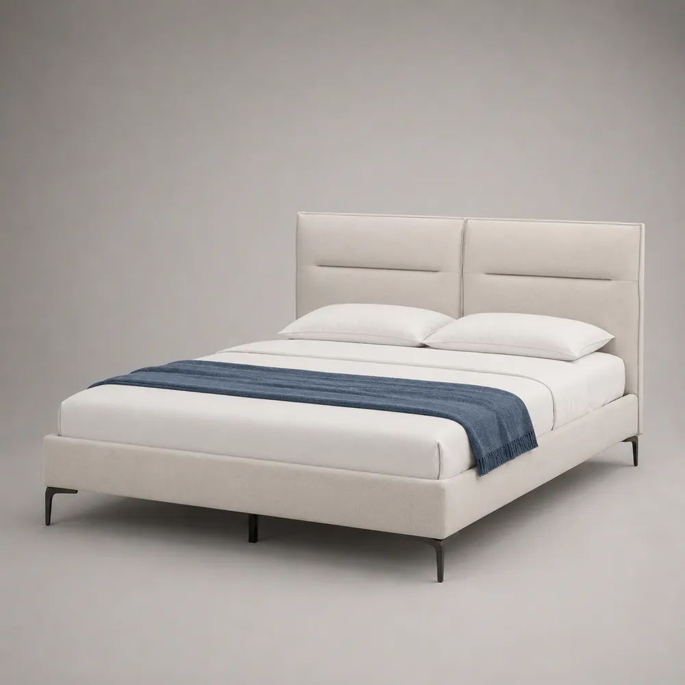Polsterbett Doppelbett 160 x 200 cm, Cremeweiß/Schwarz, mit Polyesterbezug, gepolstertem Kopfteil, Lattenrost und Metallbeinen, 170 x 218 x 110 cm
