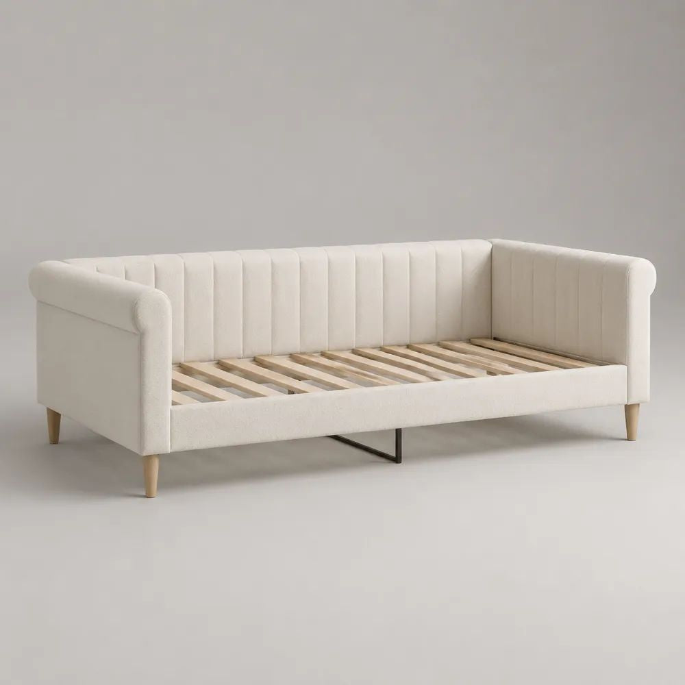 Tagesbett 90 x 200 cm, Polsterbett mit Lattenrost aus Holz und Metall, Polyester-Bouclé in Creme, 218 x 102 x 82 cm