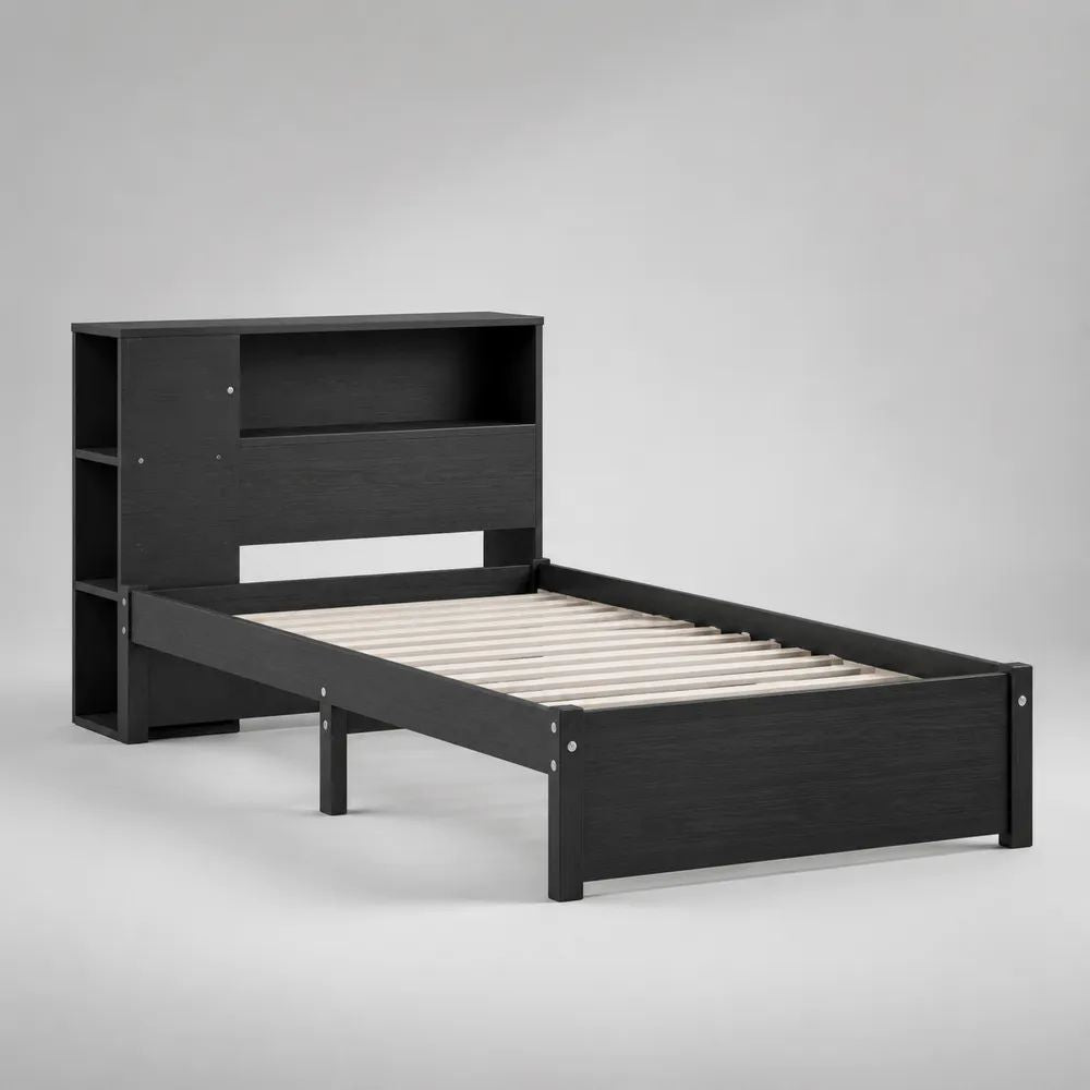 Einzelbett aus Holz mit Regal-Kopfteil und Lattenrost, Liegefläche 90 x 200 cm, Schwarz/Natur