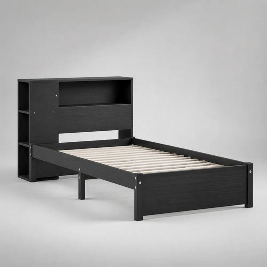 Einzelbett aus Holz mit Regal-Kopfteil und Lattenrost, Liegefläche 90 x 200 cm, Schwarz/Natur
