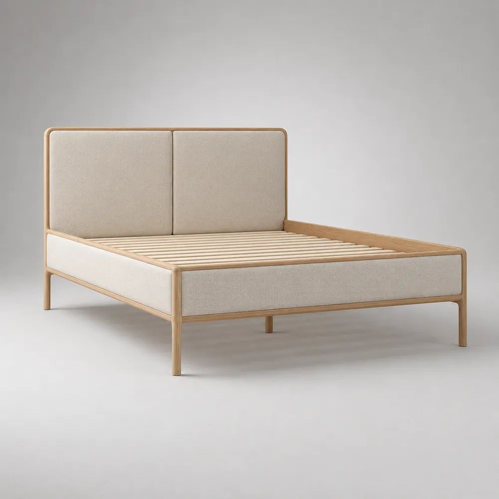 Polsterbett mit Lattenrost aus massivem Eschenholz und Stoffbezug, Beige/Natur, Liegefläche 160 × 200 cm