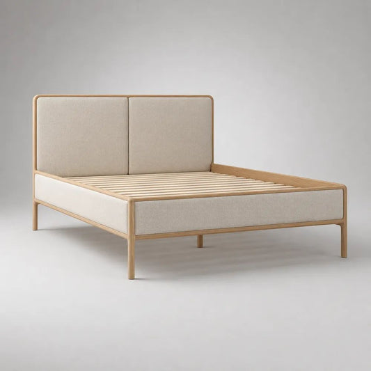 Polsterbett mit Lattenrost aus massivem Eschenholz und Stoffbezug, Beige/Natur, Liegefläche 160 × 200 cm