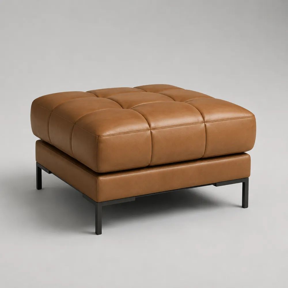 Quadratischer Fußhocker aus PU-Kunstleder und Metall, Cognacbraun/Schwarz, 90 × 90 × 46 cm