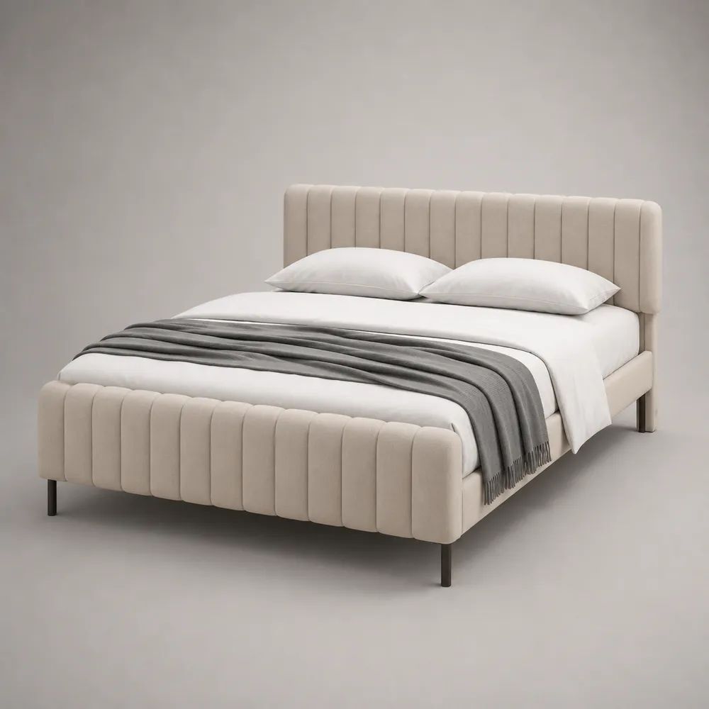 Polsterbett Doppelbett mit Lattenrost und Polyester-Samtbezug, Beige, Liegefläche 160 × 200 cm, Gesamtmaß 172 × 215 × 110 cm