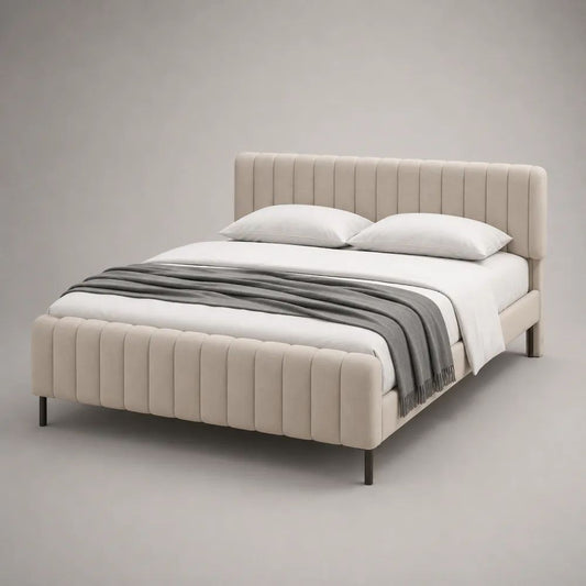 Polsterbett Doppelbett mit Lattenrost und Polyester-Samtbezug, Beige, Liegefläche 160 × 200 cm, Gesamtmaß 172 × 215 × 110 cm