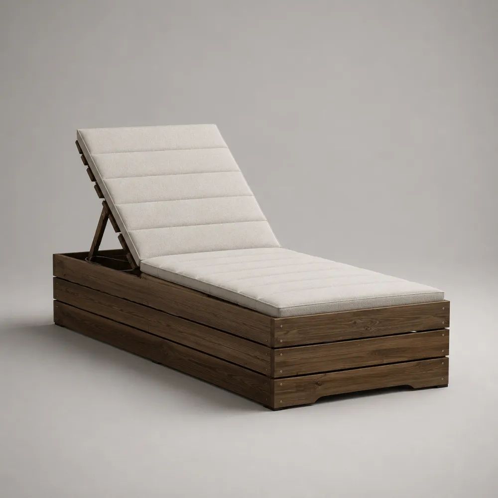 Garten-Sonnenliege aus massivem Akazienholz mit verstellbarer Rückenlehne und Auflage, Dunkelbraun/Cremeweiß, 200 × 75 × 34–92 cm