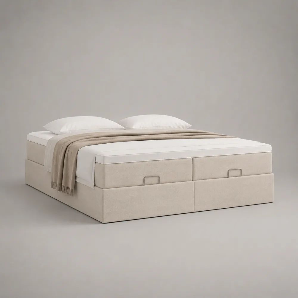 Polsterbett ohne Kopfteil mit Stauraum, 4 Schubladen und 2 Matratzen, Beige/Weiß, 180 × 200 cm