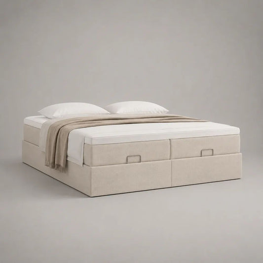 Polsterbett ohne Kopfteil mit Stauraum, 4 Schubladen und 2 Matratzen, Beige/Weiß, 180 × 200 cm