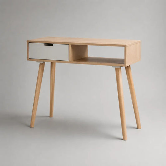 Konsolentisch aus MDF mit Eichenfurnier, Schublade und Ablagefach, Natur/Weiß, 90 × 35 × 78 cm
