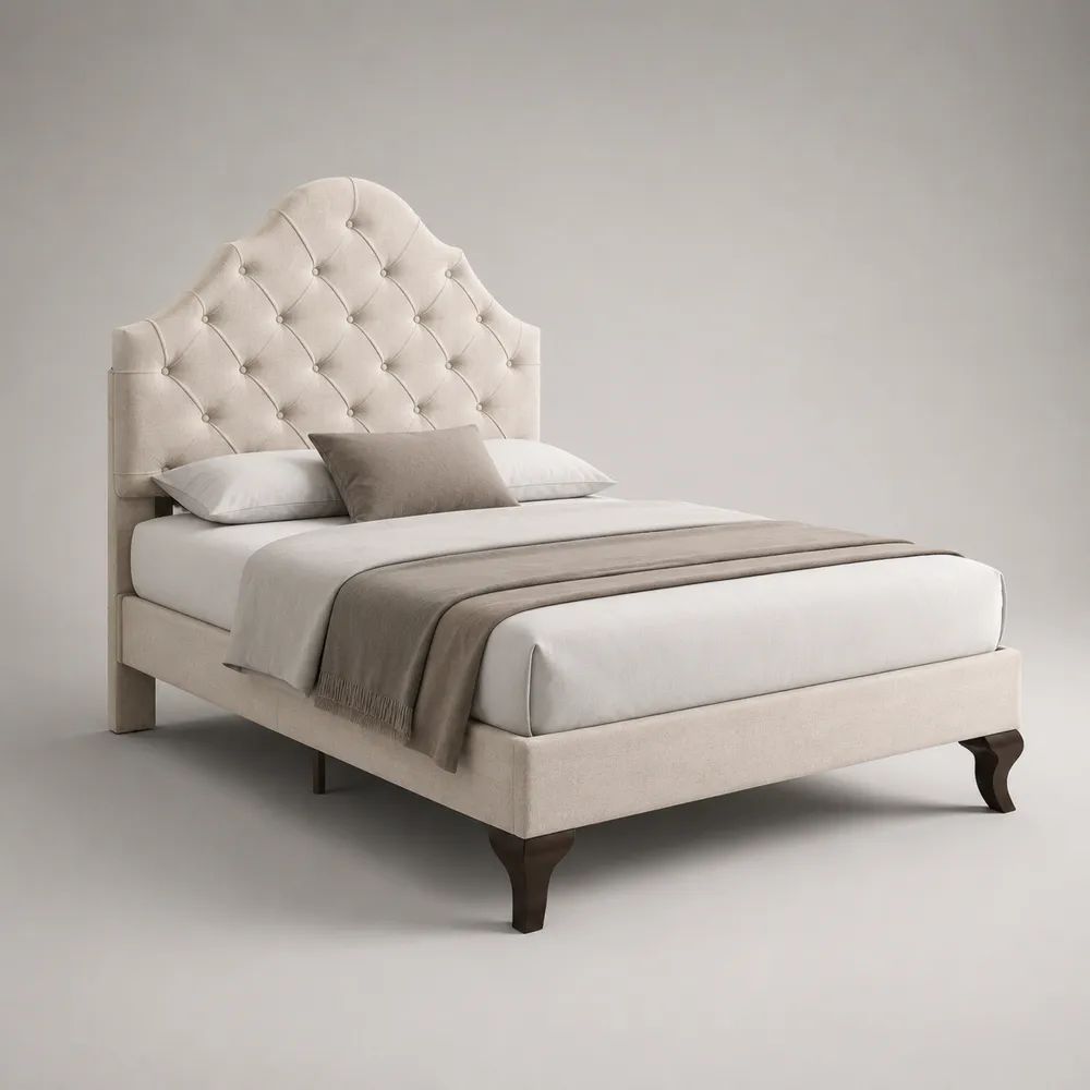 Polsterbett mit Knopfheftung und geschwungenem Kopfteil, Polyestergewebe, Beige/Dunkelbraun, Liegefläche 160 × 200 cm, Gesamtmaß 172 × 215 × 145 cm