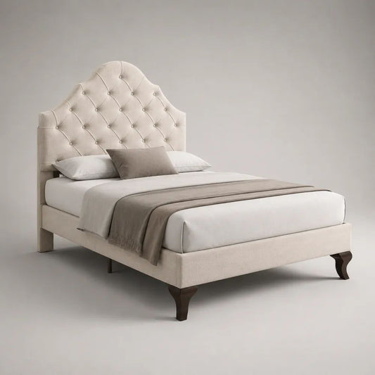Polsterbett mit Knopfheftung und geschwungenem Kopfteil, Polyestergewebe, Beige/Dunkelbraun, Liegefläche 160 × 200 cm, Gesamtmaß 172 × 215 × 145 cm