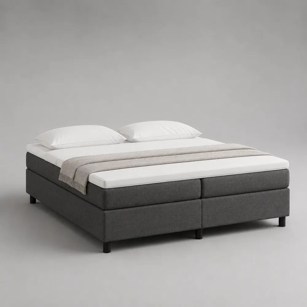 Boxspringbett-Set ohne Kopfteil 180 × 200 cm mit Topper, Taschenfederkernmatratzen und Stoffbezug, Dunkelgrau/Weiß