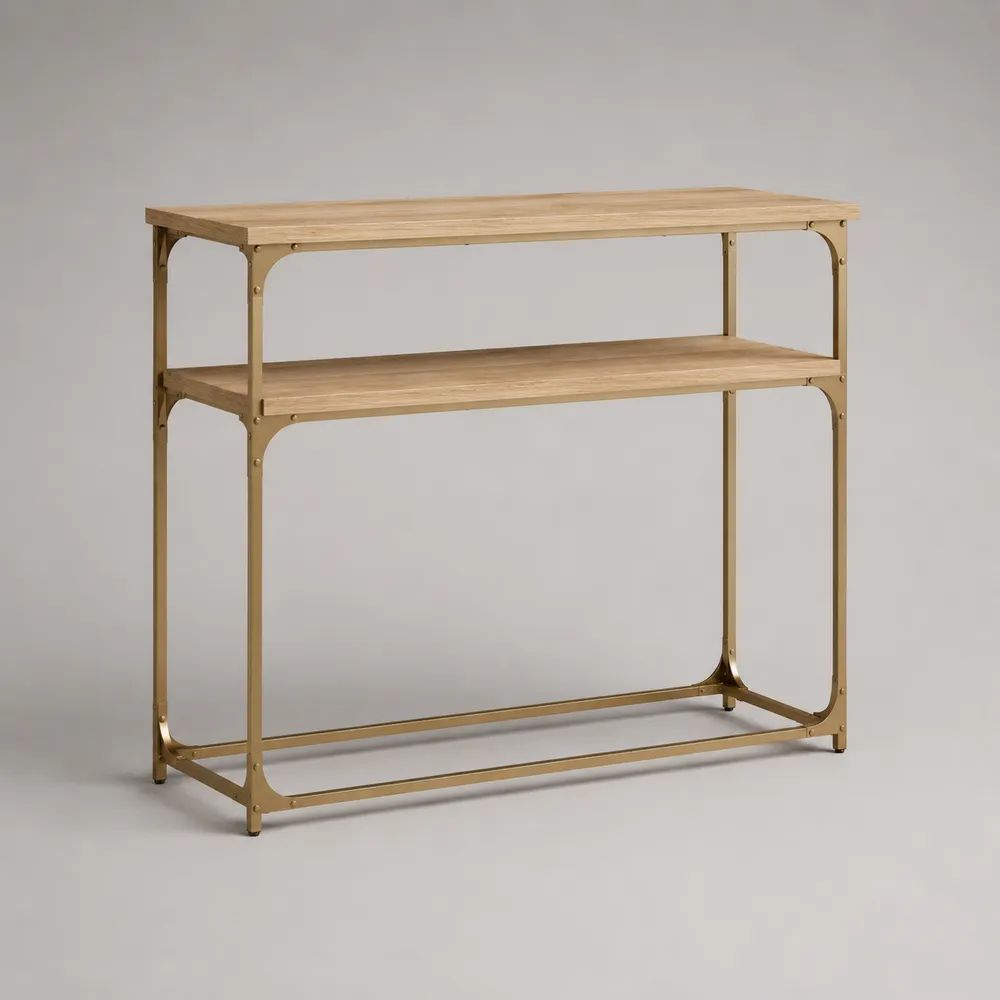 Rechteckiger Konsolentisch aus MDF und Metall mit Ablage, Naturfarben/Gold, 100 × 35 × 85 cm