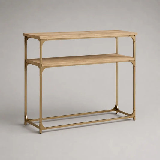 Rechteckiger Konsolentisch aus MDF und Metall mit Ablage, Naturfarben/Gold, 100 × 35 × 85 cm